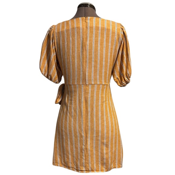 Zara Linen Blend Cutout Puff Sleeve Dress – Mustard Stripe, Size M - Picture 4 of 12